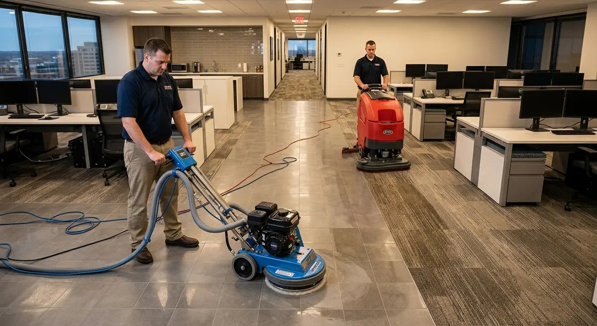 Office being cleaned with fresh carpet and tile floor care